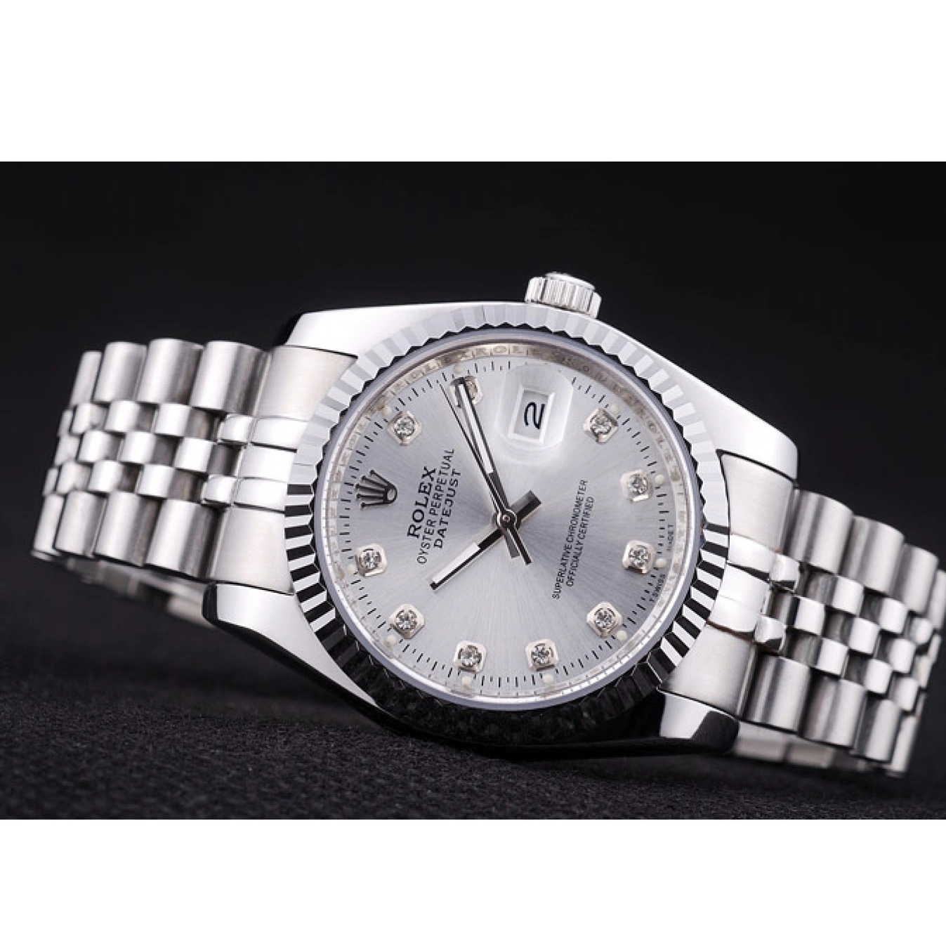Aaa replica watch Dial Ribbed Diamonds Datejust Rolex 7455 Bezel Silver 0721